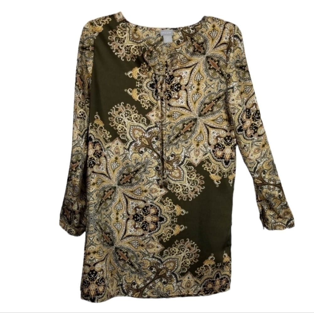 Chico's 0 Womens Tunic Top Size XS 4/6 Medallion Paisley Tie V Neck Fairy Grunge